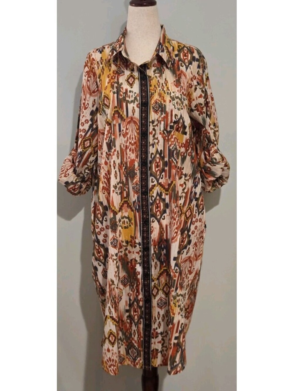 Ikat Button Down Shirt Dress One Size Fits All Red Gold India